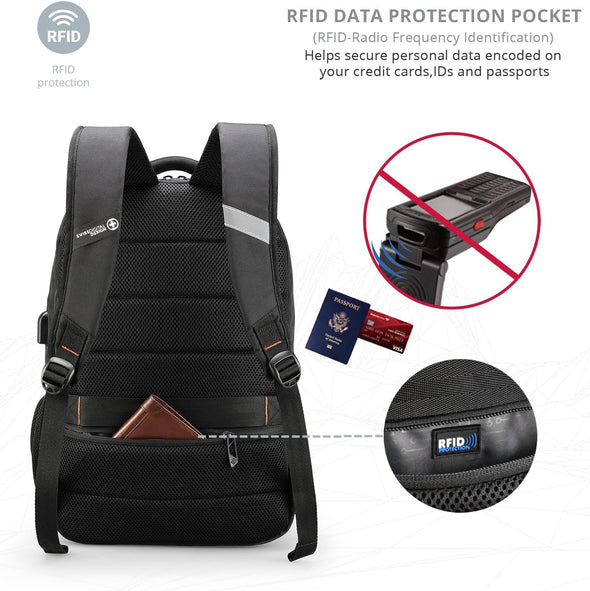 Swissdigital Design Travel Laptop Backpack, College Laptops Backpack with USB Charging Port for Men and Women Fits 16 Inch Notebook, Black | ANDWIL
