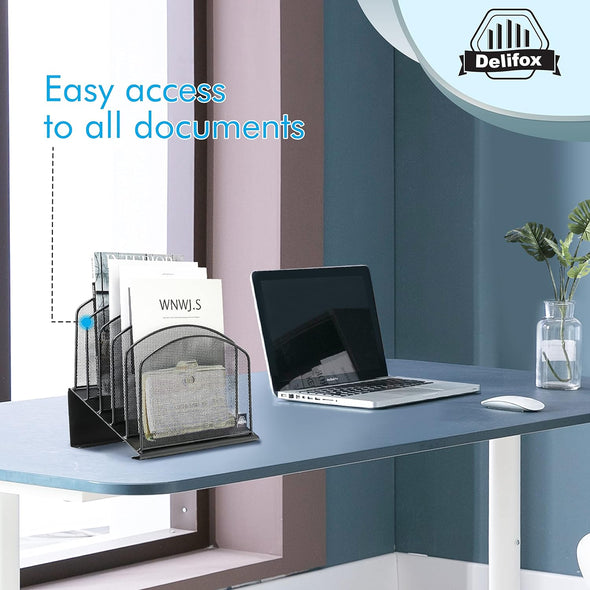 Inclined Desk File Organizer, 5-Section Vertical File Folder Holder Stand Metal Rack File Sorter for Office Classroom Desktop Organization (Black, 1Pack)