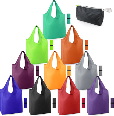 Beegreen Reusable-Grocery-Bags-Foldable-Machine-Washable-Reusable-Shopping-Bags-Bulk Colorful 10 Pack 50LBS Extra Large Folding Reusable Bags Totes W Zipper Storage Pouch Lightweight Polyester Fabric