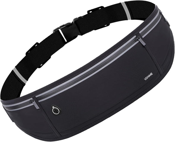 USHAKE Slim Running Belt, Workout Fanny Pack for Men Women,Exercise Waist Pack for Apple Iphone Holder, Runner Belt for Running Walking Cycling Camping Gym Black