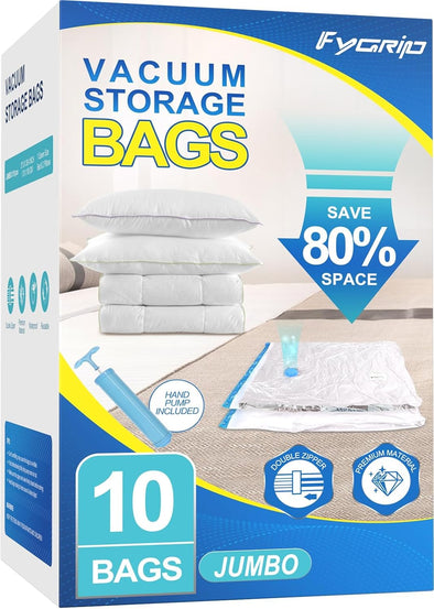 10 Pack Jumbo Vacuum Storage Bags with Hand Pump, Plastic Packaging Bags, 80% Space Saver Vacuum Seal Bags for Clothing, Travel Lugggage, Blankets, Comforters