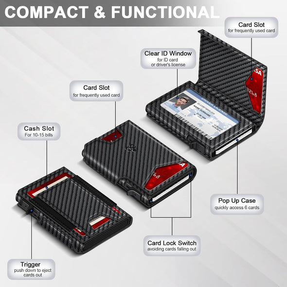 Wallet for Men Wallet with Slim Pop up Card Holder 9-13 Cards, Bifold Minimalist Smart Wallet RFID Blocking Credit Card Holder with ID Window & Stretchable Cash Slot Compact Metal Aluminum Card Case