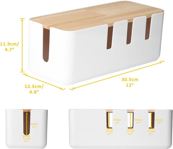 Cable Management Box by Baskiss, 12X5X4.5 Inches, Wood Lid, Wire Organizer for Desk TV Computer USB Hub System to Cover and Hide & Power Strips & Cords