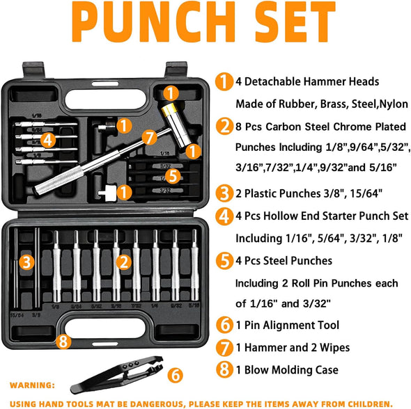 BESTNULE Punch Set, Pin Punches, Punch Tool, Roll Pin Punch Set, Made of High Quality Metal Material Including Punches and Hammer, Mechanical Repair Tool, with Organizer Storage Box (With Bench Block)