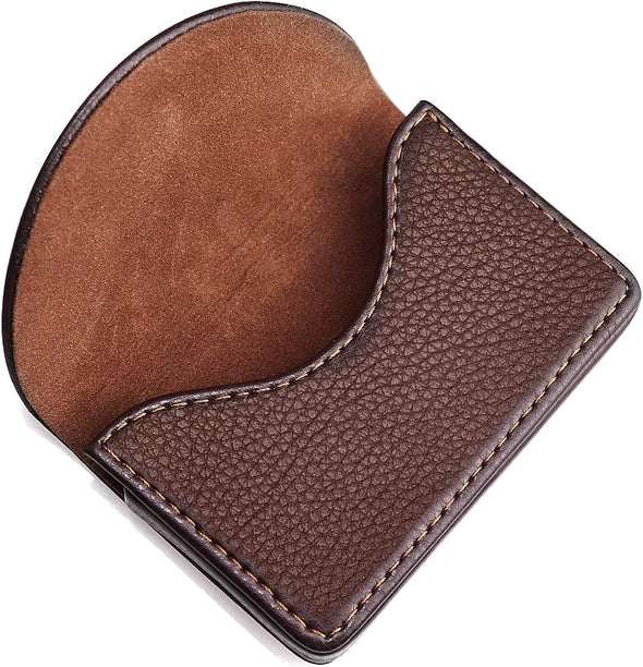 Cofee Leather Business Card Holder Case for Men or Women Pocket Business Card Wallet Name Card Case Holder with Magnetic Shut, Holds 25 Business Cards, Coffee