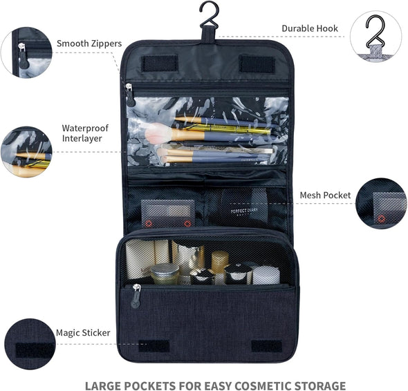 Large Capacity Toiletry Bag Travel Bag with Hanging Hook for Men and Women Waterproof Travel Cosmetic Bag Bathroom Storage Bag for Brushes Set,Full-Sized Shampoo,Toiletries,Accessories-Black