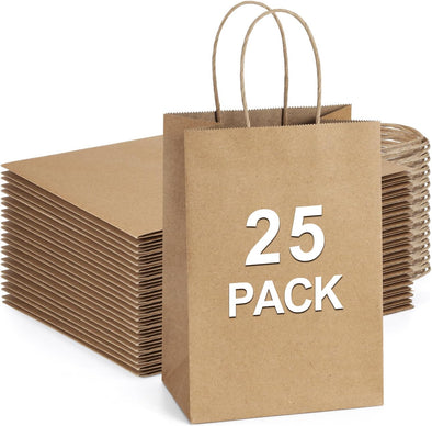 Bagdream Small Gift Bags 25Pcs 5.25X3X8 Kraft Brown Paper Bags with Handles, for Small Gifts, Birthday, Wedding Party Favor, Retail Merchandise Paper Sacks
