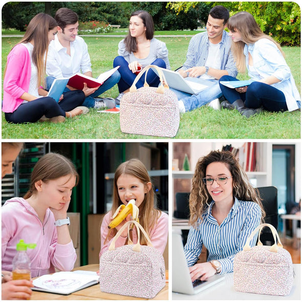 Cotton Quilted Insulated Lunch Bag, Cute Quilted Floral Lunch Tote Bags Reusable Insulated Lunch Box Coquette Aesthetic Large Capacity Insulated Cooler for Women Work Travel Picnic (Pink)