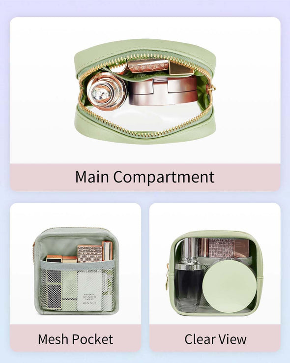 Wandering Nature Clear Makeup Bag for Purse Mini Make up Cute Cosmetic Bag Pouch for Women with Slip-In Pockets Travel Toiletry Essentials Eco Vegan Leather Organizer Bags(Patent Pending)