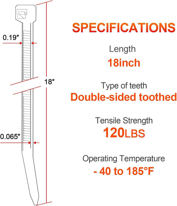 18 Inch Zip Ties Double Sided Toothed,120 LBS Tensile Strength Heavy Duty Cable Wire Ties with Self-Locking Adjustable More Durable Nylon Tie Wraps for Indoor Outdoor White（100 Pack）