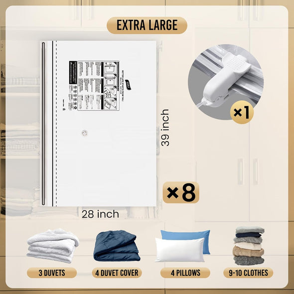 TAILI-LONG SIDE ZIP 8 Pack Vacuum Storage Bags, Vacuum Seal Bags for Clothing (39X28 Inches), Jumbo Storage Space Saver for Beddings, Comforters, Blanket, Pillows and Clothes