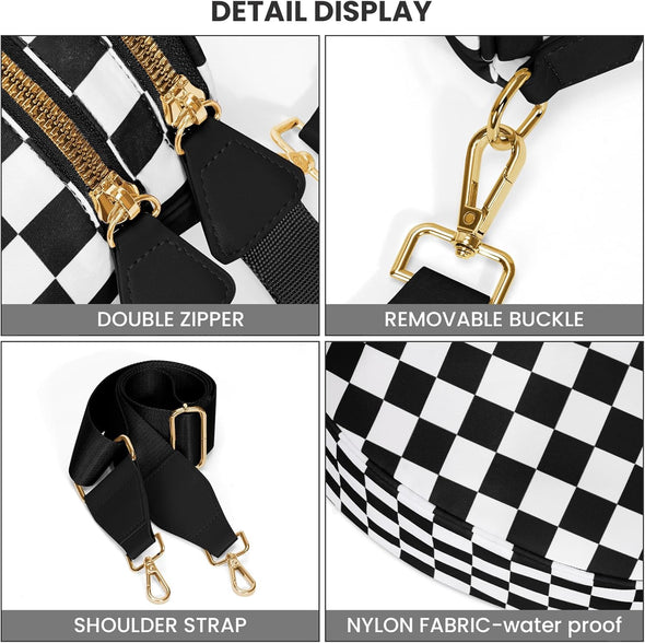 Bum Bags for Women Crossbody,Nylon Checkered Crossbody Bag Large Sling Bag Checkered Purse Oversized Slouchy Belt Bag