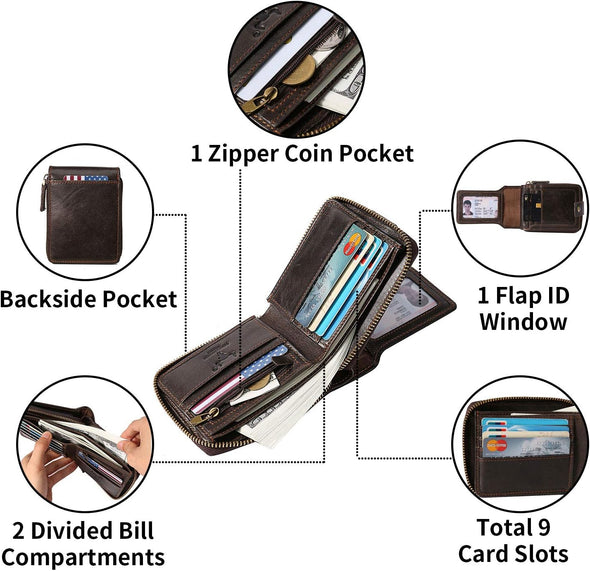 MING CLAN Zipper Wallet Men RFID Blocking Leather Flap ID Window Zip Coin Pocket Bifold Credit Card Wallets -Big Capacity for Travel