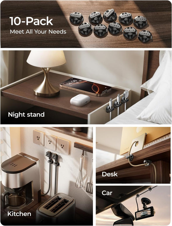 10-Pack Cord Holder [1S Lock] LISEN Magnetic Cord Holder for Nightstand, under Desk Cable Management with 5 Extra Strong Adhesive Pads, Wire Holders for Cords, Home, Wall, Car, Desktop, Cable Straps