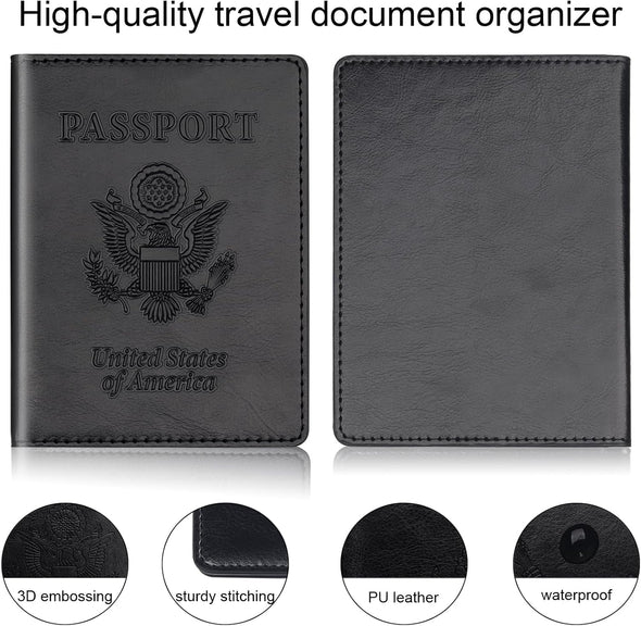 Herain Black & Dark Blue Passport Holder for Travel, Passport Cover Wallet Case 2 Pack Women Men Family Cruise Ship Essentials, Passport Book Holders Travel Vacation Must Haves