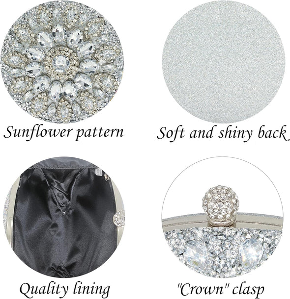 Rhinestone Clutch Purses for Women Evening Wedding Formal - round Pearl Clasp Handbag - Crystal Diamond Bag