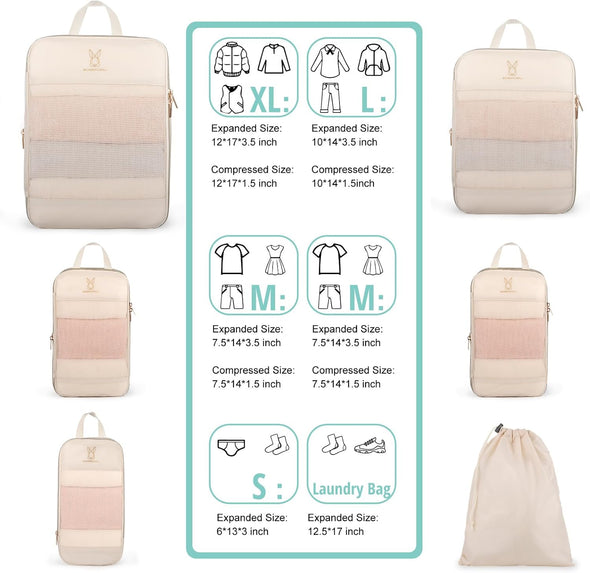 Expandable Compression Packing Cubes for Suitcases,6 Set Lightweight Compressible Travel Packing Organizer for Carry on Suitcase,Organizer Bags Set as Travel Essentials for Women