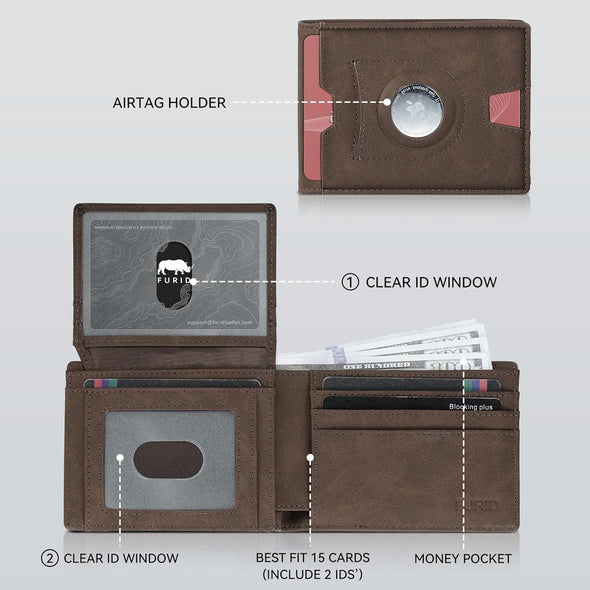 Apple Air Tag Wallet Men: Wallet with Airtag Holder - Airtag Wallet for Men Slim Minimalist 2 ID Window RFID Leather Wallet