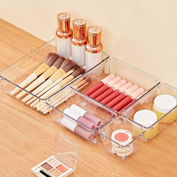 SMARTAKE 13-Piece Drawer Organizers with Non-Slip Silicone Pads, 5-Size Desk Bathroom Drawer Organizer Trays Storage Tray for Makeup, Jewelries, Utensils in Bedroom Dresser, Office and Kitchen, Clear