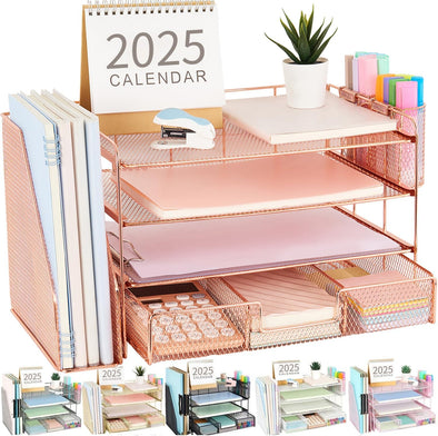 Gianotter Paper Letter Tray Organizer with File Holder, 4-Tier Desk Accessories & Workspace Desk Organizers with Drawer and 2 Pen Holder for Office Supplies (Rose Gold)