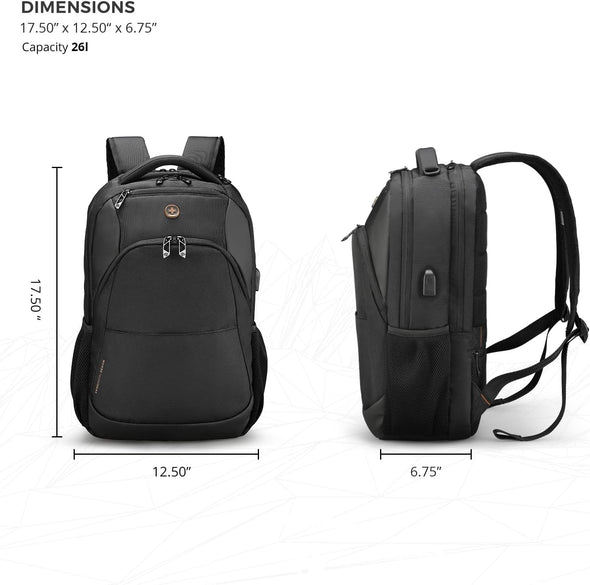 Swissdigital Design Travel Laptop Backpack, College Laptops Backpack with USB Charging Port for Men and Women Fits 16 Inch Notebook, Black | ANDWIL
