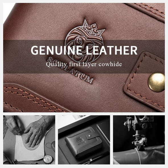 Genuine Leather Zipper Wallet for Men RFID Blocking Large Capacity Vintage Wallet with Coin Pocket ID Window, Coffee