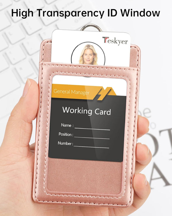 Teskyer Badge Holder, Leather ID Card Holder with Lanyard for ID Badges, Vertical Style, Rose Gold