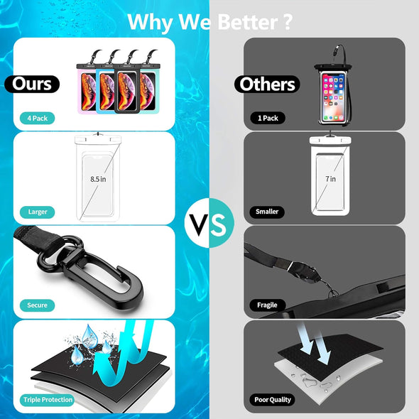 4 Pack Waterproof Cell Phone Pouch - Universal Water Proof Dry Bag Case with Neck Lanyard - Underwater Clear Cellphone Holder Large Protector for Iphone Samsung Galaxy for Beach Pool Swimming