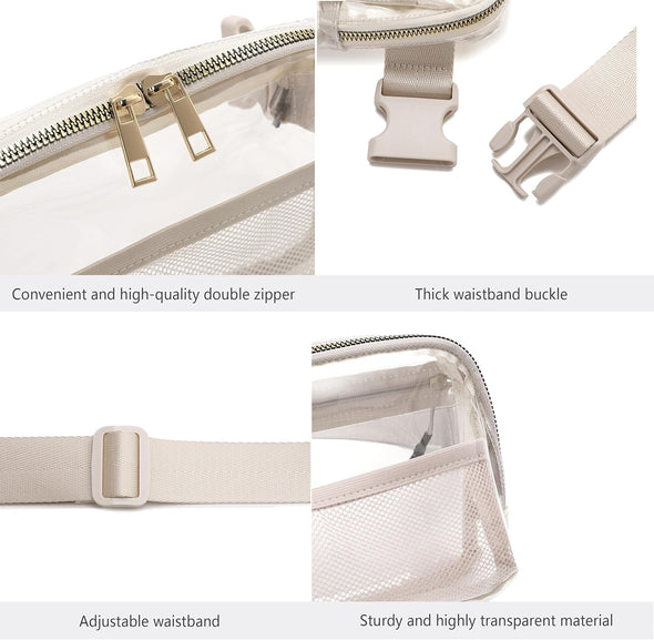 Clear Belt Bag Clear Fanny Pack Stadium Approved for Women Men with Adjustable Strap Clear Crossbody Bag Waist Bag for Concerts Sports Travelling Hiking Running (BEIGE)