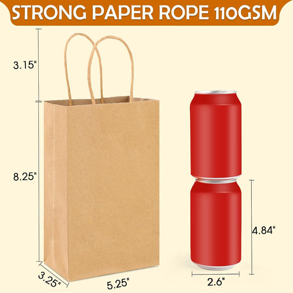 XPCARE 200Pcs Paper Gift Bags 5.25X3.25X8.25'',Gift Wrap Bags with Handles Brown Kraft Paper Bags for Small Business Paper Bags Bulk for Birthday Party Favors Shopping Retail