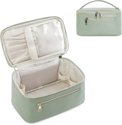 Wandering Nature Makeup Bag, Travel Make up Organizer Cosmetic Brush Bags Case for Women in Vegan Leather, Sage Green, Patent Pending