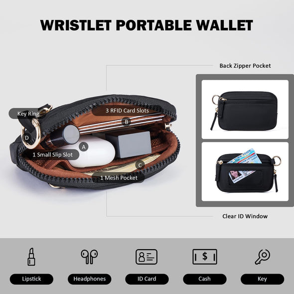 POIUGOYA Nylon Wristlet Wallets, Dual Pouch Keychain Wristlet Wallet, RFID Small Wallet with Coin Pouch,Id Window for Travel