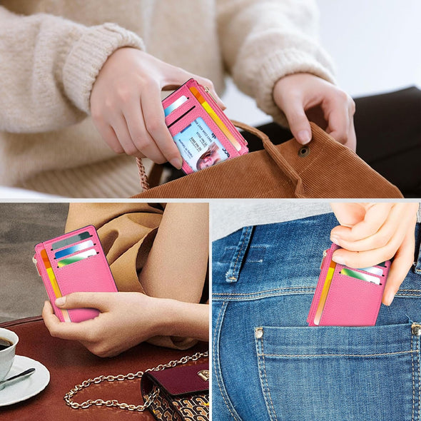 Credit Card Holder for Women Slim Minimalist Front Pocket RFID Blocking Wallet Small Compact Card Case with ID Window, Pink