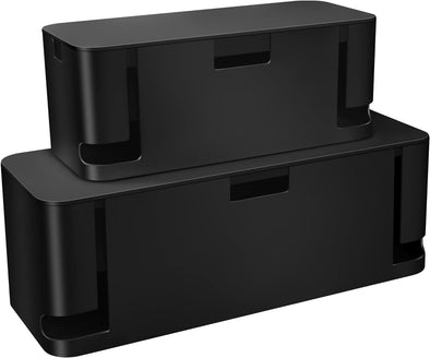 Cable Management Box Black, 2Pack Cord Organizer Box - Extra Large and Medium Size, Cord Hider Box to Conceal Power Strips on Desk or Floor, Made from Electrically Safe ABS Material