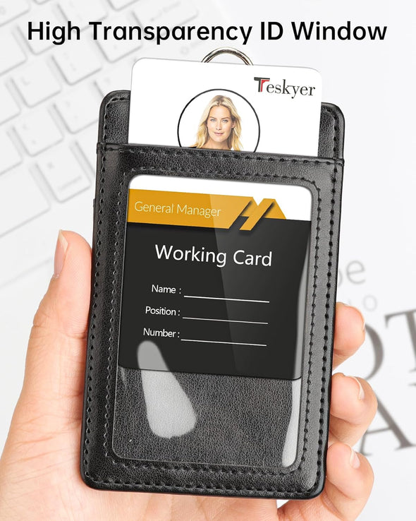 Teskyer Badge Holder, Leather ID Card Holder with Lanyard for ID Badges, Vertical Style, Black