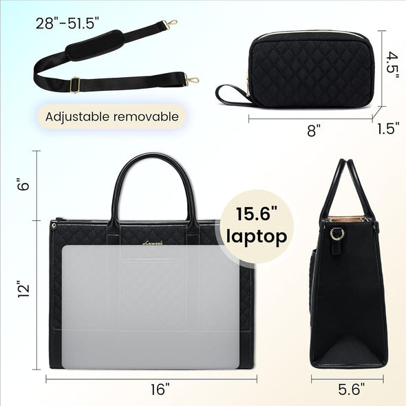 LOVEVOOK Laptop Bags for Women, 15.6 Inch Waterproof Work Tote Bag with Clutch, Professional Teacher Computer Purse Lightweight Shoulder Bag Travel, Quilted Black
