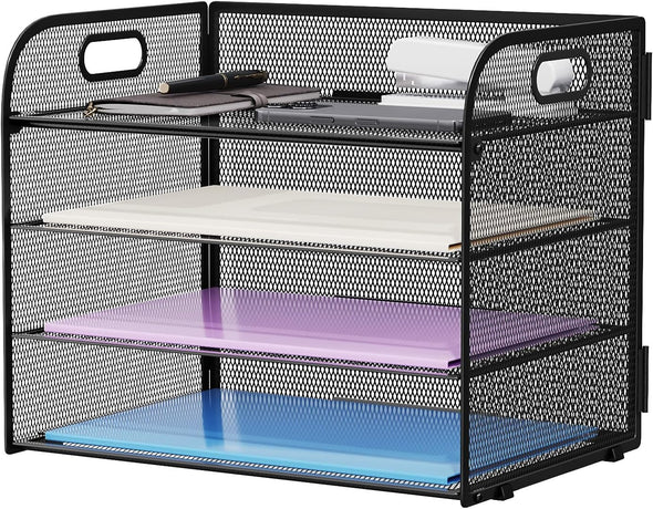 Marbrasse 4 Tier Paper Organizer Letter Tray - Mesh Desk File Organizer with Handle, Paper Sorter Organizer for Letter/A4 Office File Folder Holder (Black, 12.6" X 9.1" X 10.7")