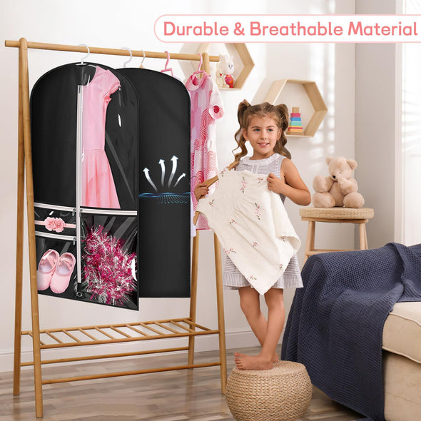 Kimbora Costume Dance Garment Bag with 3 Clear Zipper Pockets for Suits Dress Cover, Travel Storage & Competitions, Set of 2 (Black)