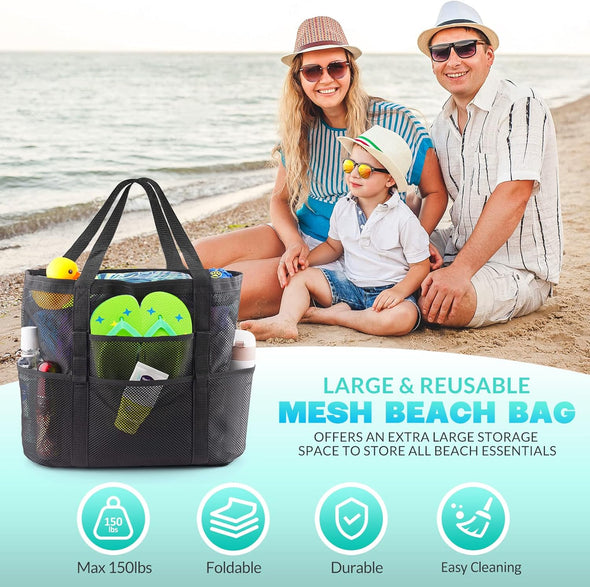 EASYFUN Beach Bag Large Mesh Beach Bag Lightweight Beach Tote with 9 Pockets Foldable Beach Accessories