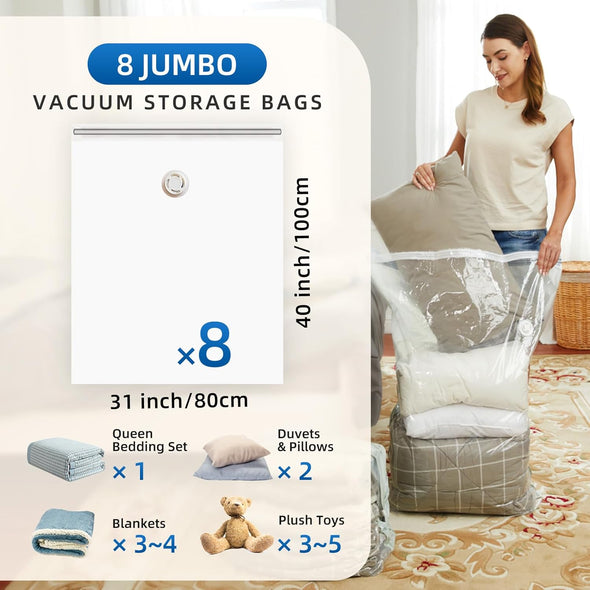 TAILI 8 Pack Vacuum Storage Bags for Comforter and Blankets, Jumbo Vacuum Seal Bags for Bedding 40X31 Inch, Space Saver Bags for Clothes, Pillows, Saving More Closet Space