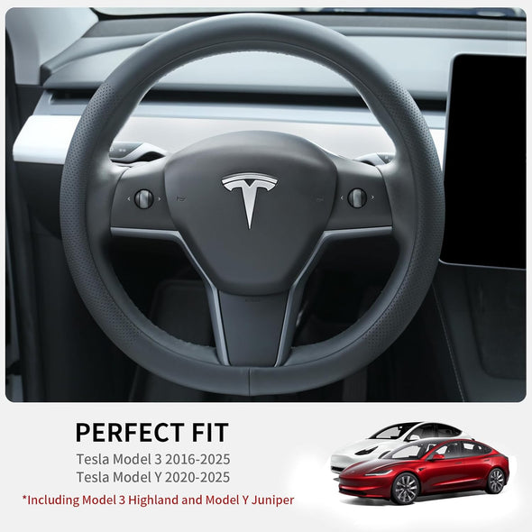 Nappa Leather Steering Wheel Cover for Tesla Model 3/Y 2016-2025 2026 Juniper/Highland, Non-Slip Breathable Tesla Model 3/Y Steering Wheel Protector, Black
