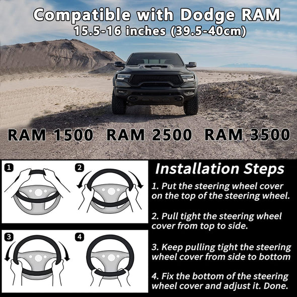Leather Steering Wheel Cover for Dodge Ram 1500 2500 3500, 15.5-16 Inches Car Steering Wheel Cover with Anti-Slip Massage Particle (Black)