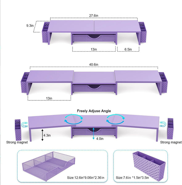 Gianotter Dual Monitor Stand Riser, Desk Organizer with Drawer and 2 Pen Holders, Desk Organizers and Accessories, Purple Office Decor (Purple)