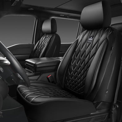 CAR PASS Piping Luxury Faux PU Leather Two Front Car Seat Covers, Waterproof anti Slip Seat Covers Compatible with Front Seat Armrests,Universal Fit for Suvs,Vans,Trucks, Airbag Compatible(All Black)