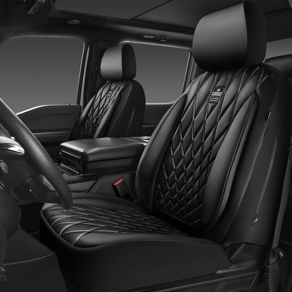 CAR PASS Piping Luxury Faux PU Leather Two Front Car Seat Covers, Waterproof anti Slip Seat Covers Compatible with Front Seat Armrests,Universal Fit for Suvs,Vans,Trucks, Airbag Compatible(All Black)