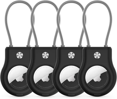 Airtag Holder - (4 Pack) Air Tag Lock Keychain with Wire Cable Compatible with Apple Airtags,Ultra Durable Anti-Lost Protective Case with Keyring for Luggage, Key, Backpack, Pet, Bag, Black