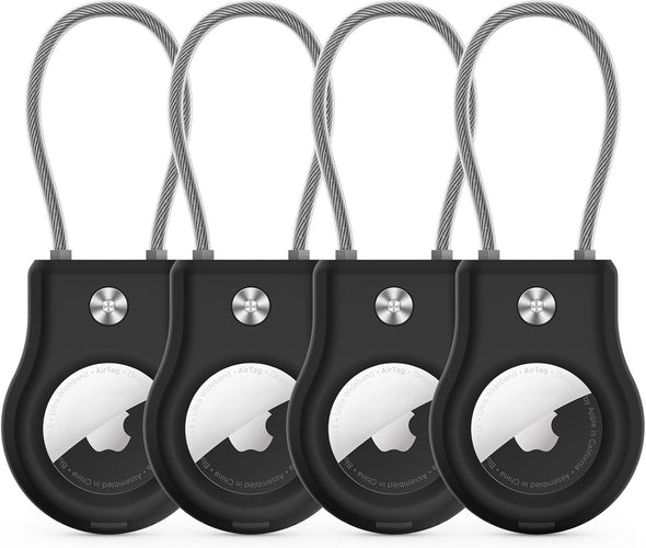 Airtag Holder - (4 Pack) Air Tag Lock Keychain with Wire Cable Compatible with Apple Airtags,Ultra Durable Anti-Lost Protective Case with Keyring for Luggage, Key, Backpack, Pet, Bag, Black