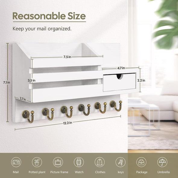 Key and Mail Holder for Wall, Mail Organizer Wall Mount with 6 Hooks and Storage Drawer, Easy Installation Key Rack for Entryway and Home Decor (A-White)