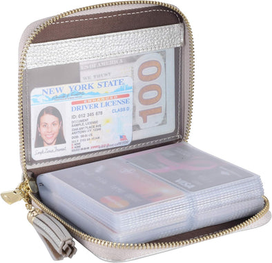 Womens Credit Card Holder Wallet Zip Leather Card Case RFID Blocking (Silver)