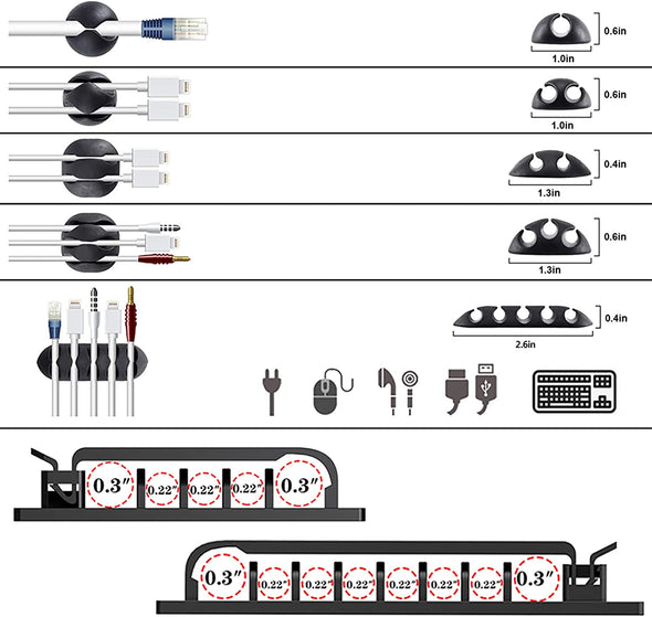 N NOROCME 192 PCS Cable Management Kit 4 Wire Organizer Sleeve,11 Cable Holder,35Cord Clips 10+2 Roll Cable Organizer Straps and 100 Fastening Cable Ties for Computer TV under Desk, Black,Clear
